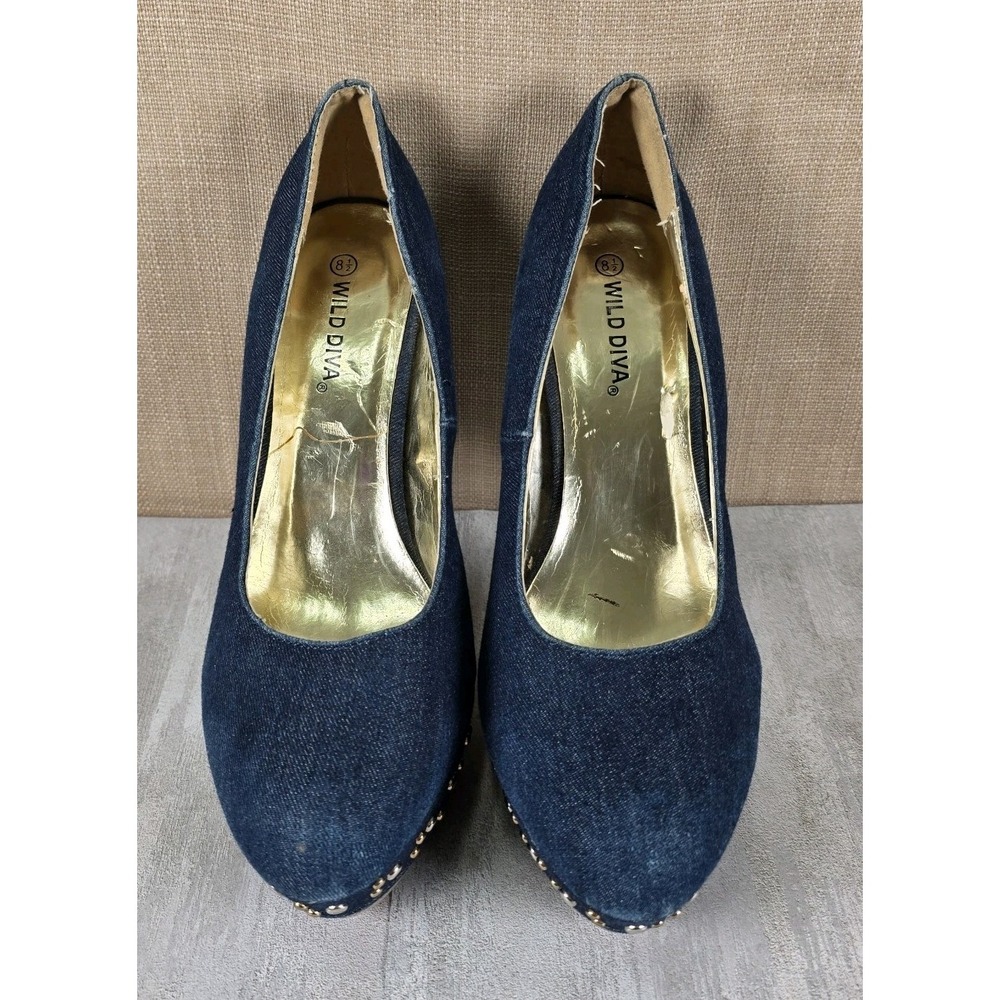 Wild Diva Blue Denim Spiked Platform Stiletto Heels Women's Size 8.5 Boho Dancer